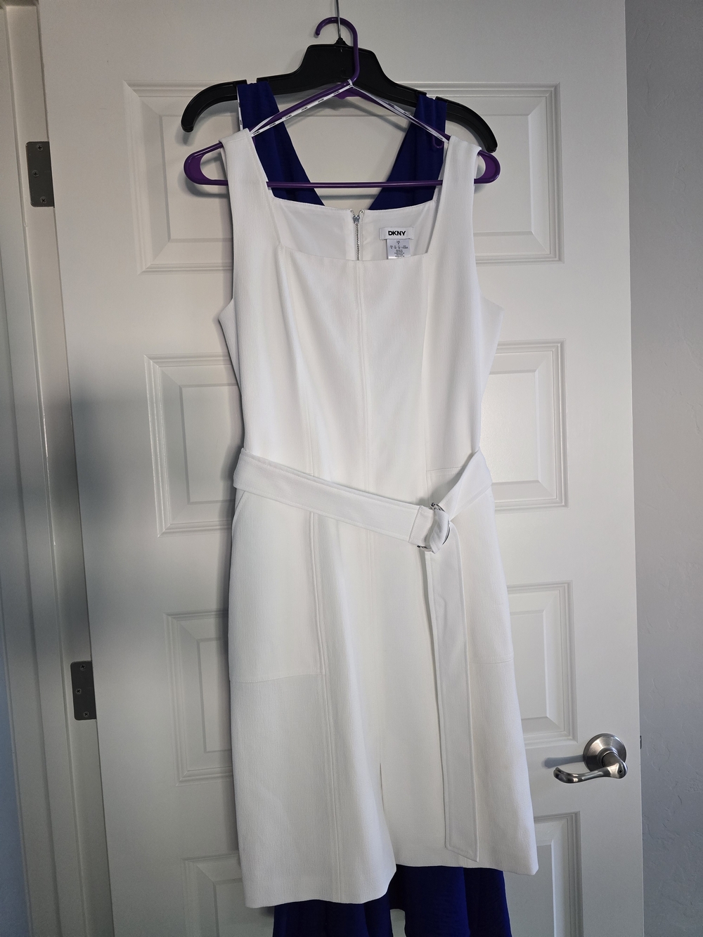 DKNY White Sleeveless Belted Midi Dress with Silver Buckle, Lining